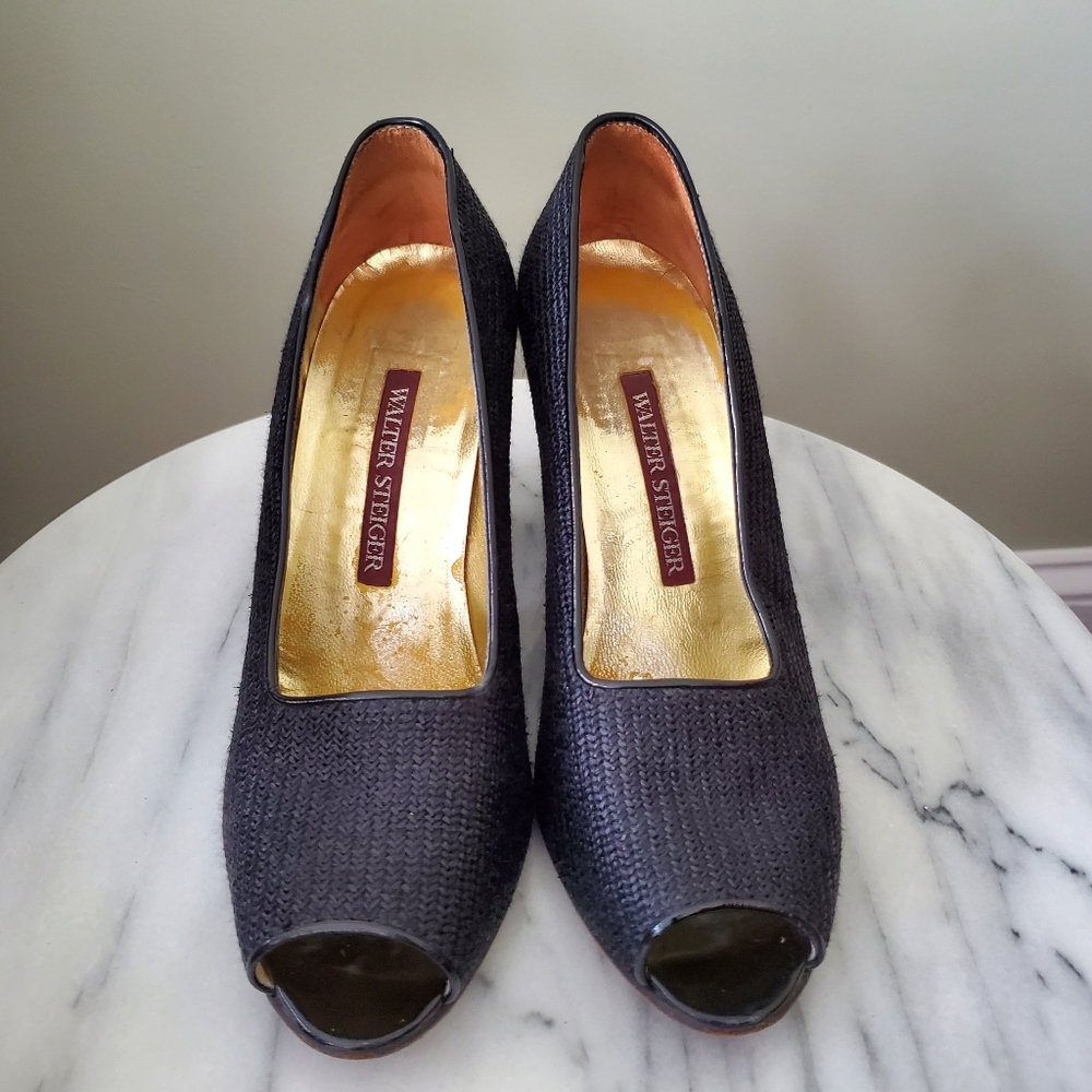 Vintage Hand Crafted Walter Steiger Black Woven Peep Toe Heels